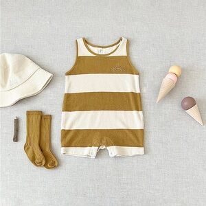 ✨ Rylee + Cru Gold Stripe Terry Sleeveless Romper – Size 12/18 Months ✨